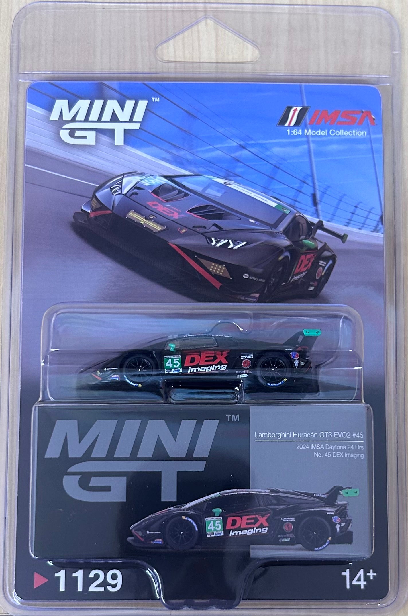 Mini GT Lamborghini Huracán GT3 EVO2 #45 2024 IMSA Daytona 24 Hrs No. DEX Imaging #1129